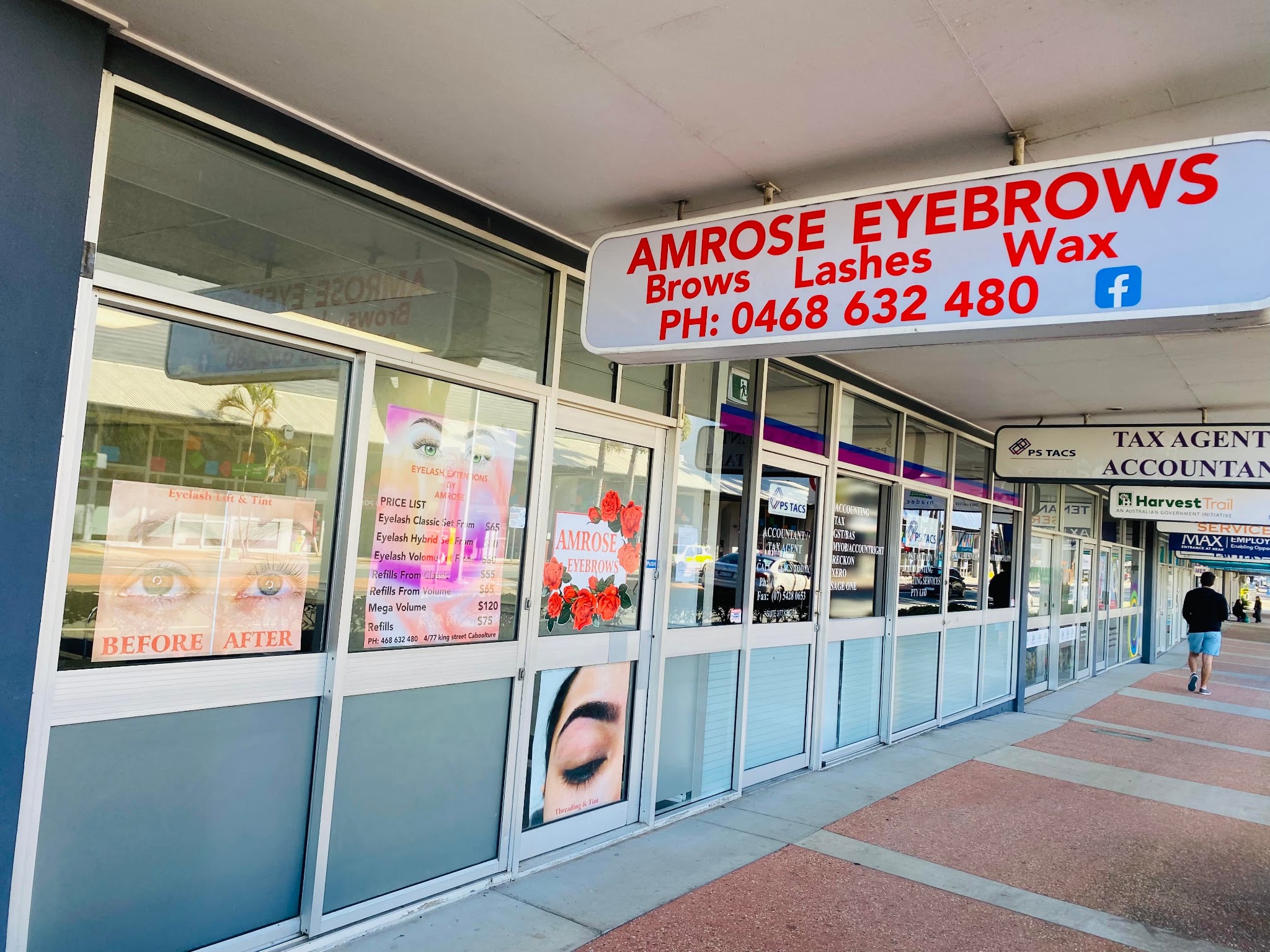 The Amrose Eyebrows sign: Brows, Lashes, Wax, with the phone number 0468 632 480